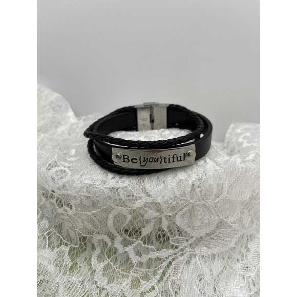 "Be{you}tiful" Stainless Steel & Black Faux Leather Easy Clasp Bracelet - Picture 1 of 11